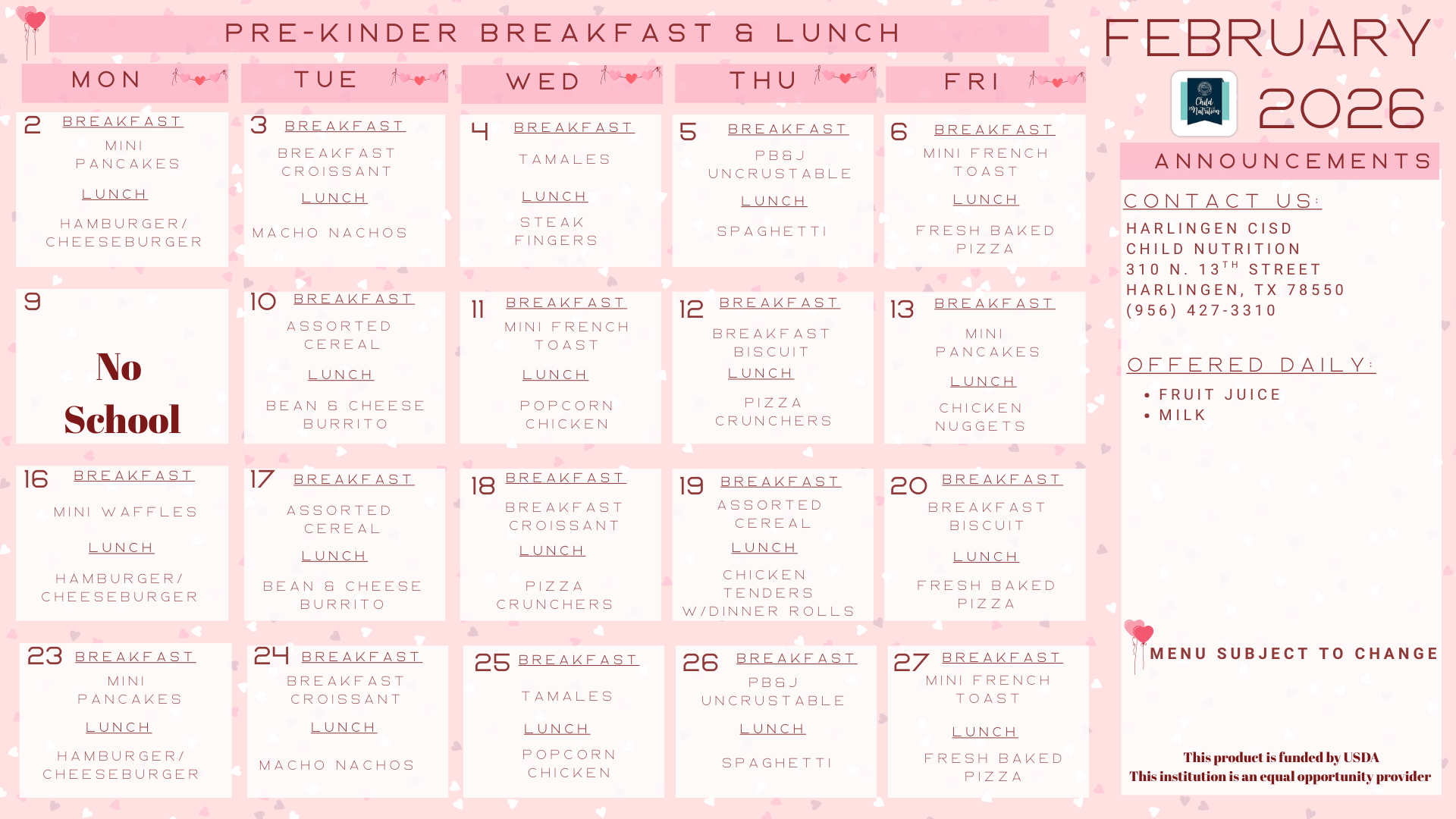 Pre-Kinder/Kinder Updated Menu 12/9/25
